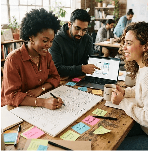 Três pessoas a trabalhar à volta de uma mesa com um portátil, esboços e post-its